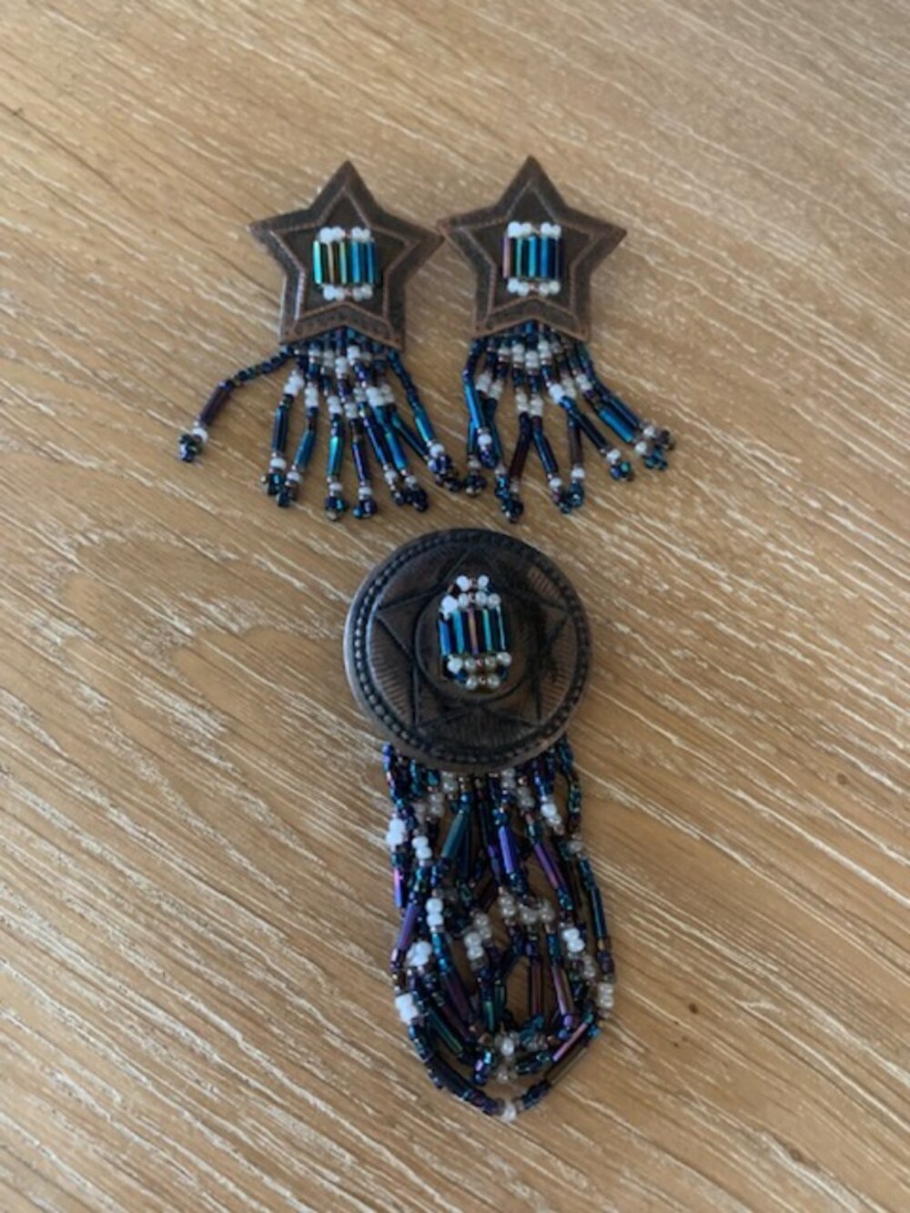 Vintage Copper Star Beaded Tassel Earring & Brooch Set